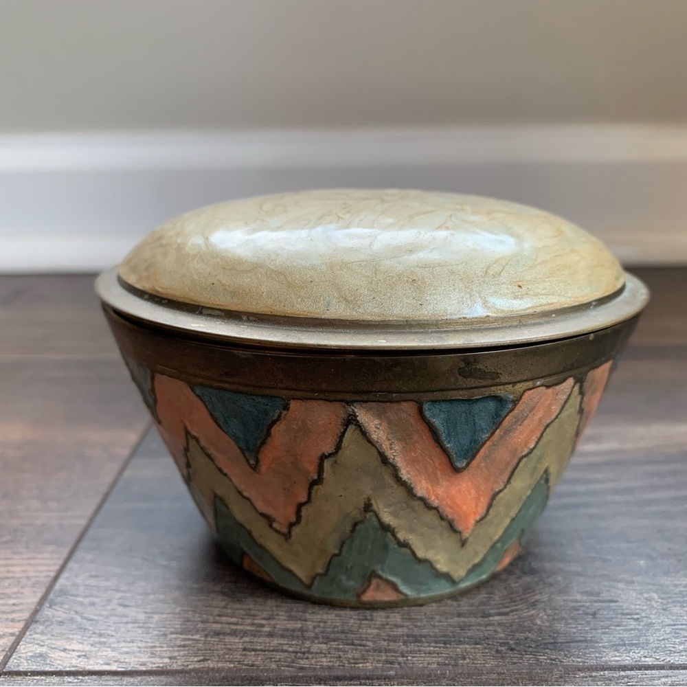 Vintage Etched Brass Enamel Chevron Dish with Lid